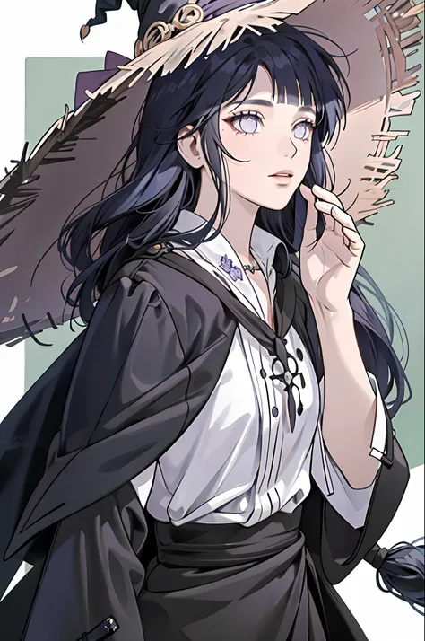 1 girl,witch, solo, long hair, (((witch attire))) , (((witch hat))) , masterpiece, perfect composition, detailed, detailed character, purple eyes, blunt bangs, dark blue hair, beautiful face, really beautiful face.