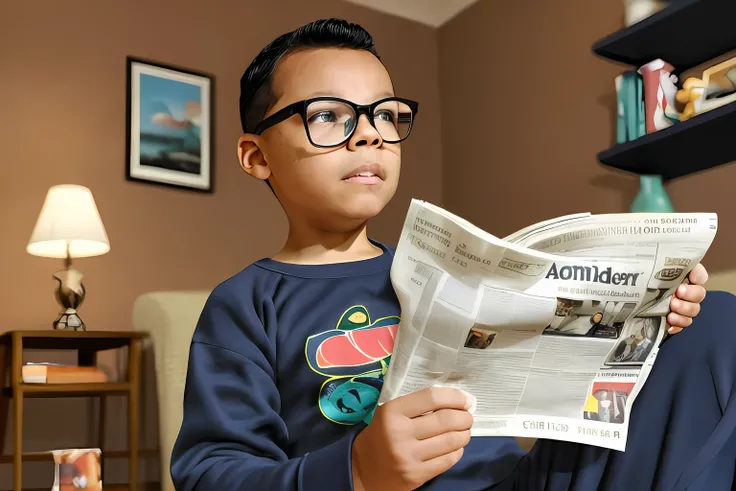 guttonerdvision4, a 3-year-old boy wearing glasses, wearing pajamas, with well-detailed skin and face, sitting in his house drinking coffee and reading the newspaper quietly. The scene takes place in an avoncosy room with soft lighting, abajour illuminatin...