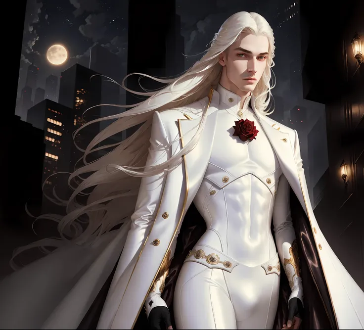 masterpiece, highest quality, (solo focus), (perfect face:1.1), (high detail:1.1),dramatic, 1guy, (pale skin), long white hair, white eyes, [light eyebrows], (solo), long hair, moon, night, white luxury suit, covered navel, pouty lips, curvy guy, covered, ...