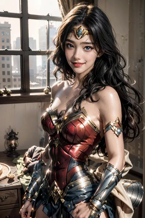 best quality, masterpiece, super high resolution, 1girl, wonder woman, glowing skin, light smile,