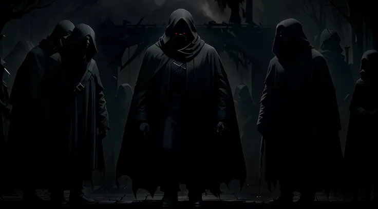 cultists silhouettes, dark scene, dark mood, horror, darkness, terror