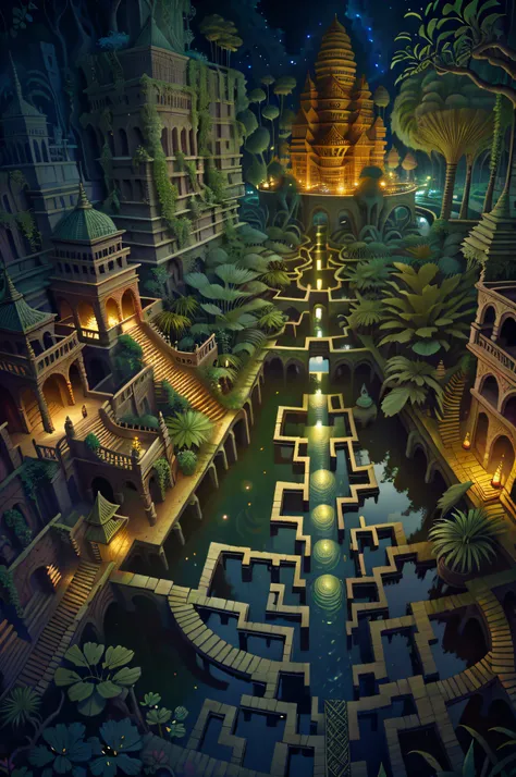 high angle, labyrinth, hanging gardens of babylon at night, pond, mud, godrays, water lilies, reeds, fireflies, vivid color, thr...