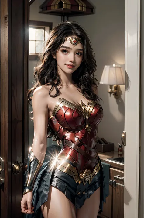 best quality, masterpiece, super high resolution, 1girl, wonder woman, glowing skin, light smile,