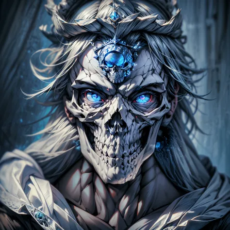 skeleton man, his (skull:1.2) is covered in icicles and frost, intricate carving, wearing a face mask, glowing eye sockets, wearing a frozen blue crown, (detailed background:1.3), backlighting, serious eyes, realism, masterpiece portrait, soft lighting, (l...
