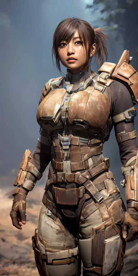 1 girl in dead space suit without helmet stands imposing in a USG Ishimura. (gigantic breasts:1.2), perfect body: 1.4, Slim abdomen: 1.3 , Moonlight highlights your muscles and scars. The scenery is lush and mysterious, with futuristic tech and surrounding...