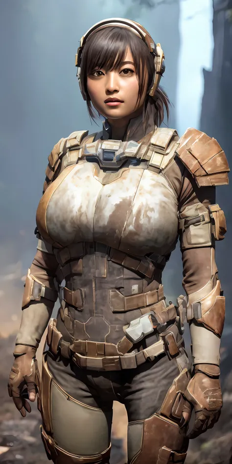 1 girl in dead space suit without helmet stands imposing in a USG Ishimura. (gigantic breasts:1.2), perfect body: 1.4, Slim abdomen: 1.3 , Moonlight highlights your muscles and scars. The scenery is lush and mysterious, with futuristic tech and surrounding...