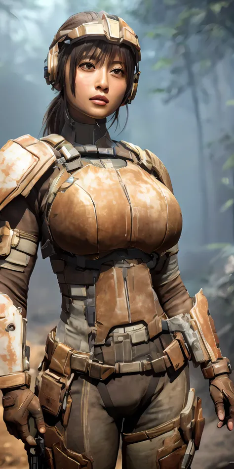 1 girl in dead space suit without helmet stands imposing in a USG Ishimura. (gigantic breasts:1.2), perfect body: 1.4, Slim abdomen: 1.3 , Moonlight highlights your muscles and scars. The scenery is lush and mysterious, with futuristic tech and surrounding...