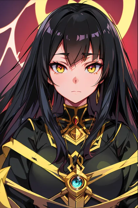 anime image of a woman with long black hair and yellow eyes, vanitas, black anime pupils in her eyes, close up of a young anime ...