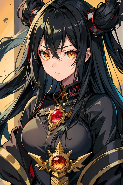 anime image of a woman with long black hair and yellow eyes, vanitas, black anime pupils in her eyes, close up of a young anime ...