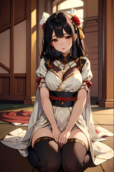 best quality, masterpiece, (extremely delicate and beautiful:1.2),
blurry background, looking at viewer,
1girl, solo, fashi-girl, red lips, blush, bdsm, bodysuit, kimono, shibari, collar, breasts out, bound arms, arms on thighs, seiza sitting, leaning fo...