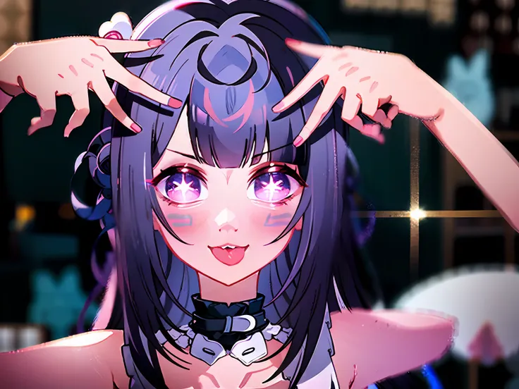 anime girl with long black hair and purple eyes holding her head, ahegao, ahegao face, anime style. 8k, anime moe artstyle, from...