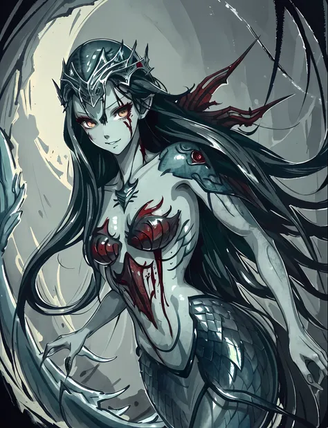 (masterpiece, best quality:1.2),bloody, beautiful face,(Graygreen skin),mermaid, horror art, blood, highly detailed, {best quality}, {{depth of field}}, illustration, solo, sharp focus, {{character {1 girl }},black straight hair,(hair is straight and loose...