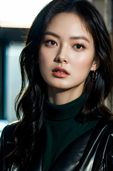 modelshot, cinematic still, 28 years asian girl standing, upper body, (black eyes:1.3), mid wavy hair, (green turtleneck sweater...