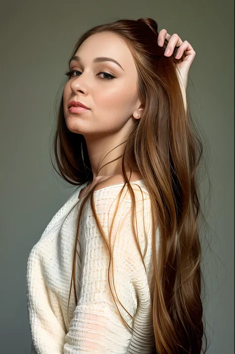 a woman with long hair and a white sweater posing for a picture, portrait sophie mudd, gorgeous young model, soft light from the side, long ashy hair | gentle lighting, anna nikonova aka newmilky, girl with long hair, long glowing ethereal hair, light borw...