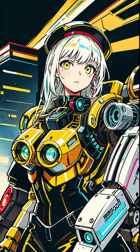 1 girl, solo, colorful, yellow eyes, cyberpunk, mechanical scrap zone, cityscape, stud earrings, long messy white hair, mechanic...