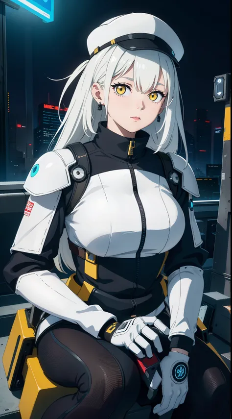 1 girl, solo, colorful, yellow eyes, cyberpunk, mechanical scrap zone, cityscape, stud earrings, long messy white hair, mechanic...