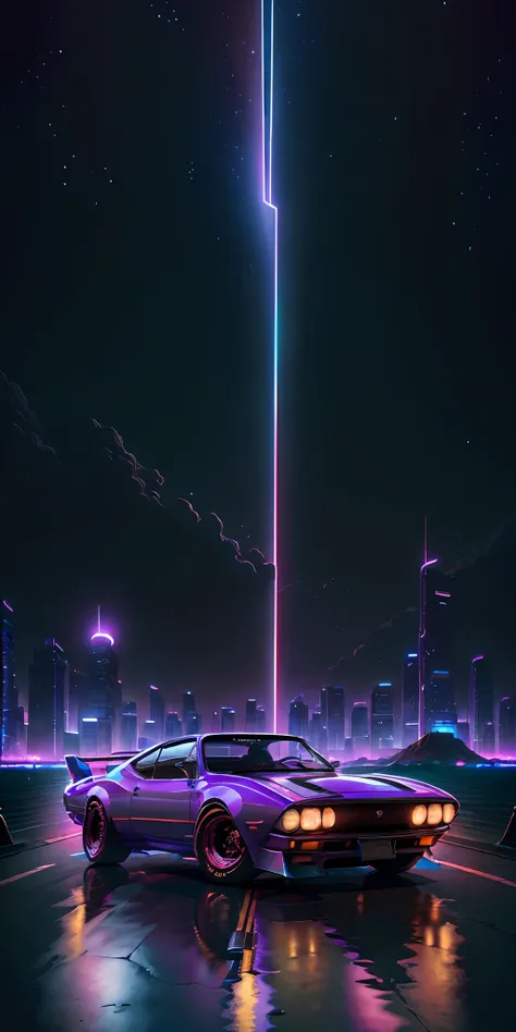 retrowave. city, 1969 nissan s30, wide body kit, road,  purple neon lights, sun, mountain, 
(masterpiece,detailed,highres),