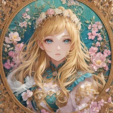 1 girl, masterpiece, top quality, beautiful and aesthetic: 1.2, fractal art: 1.3, jewels, detailed clothes, detailed round picture frame, delicate flower crown, blonde, petals fluttering, cool look