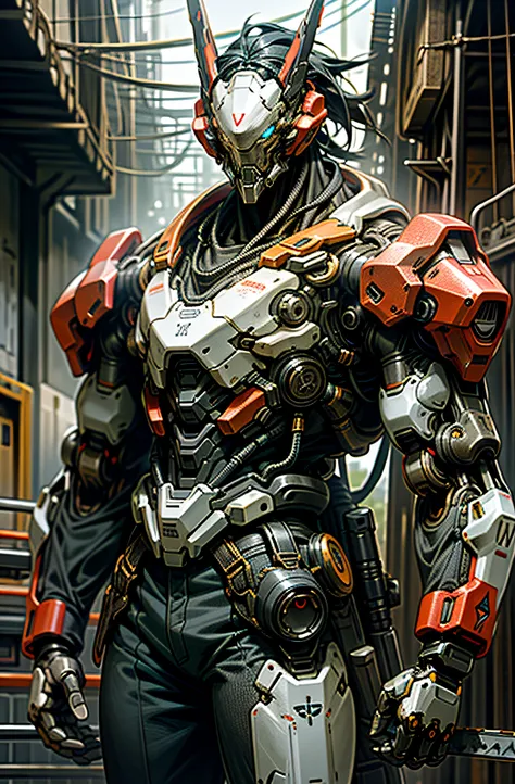 dark_fantasy, cyberpunk, (chain saw, chain saw man, red: 1.1), 1man, mechanical marvel, robotic presence, cybernetic guardian, w...