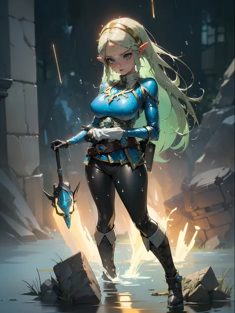 (full body:1.8) {zelda botw outfit}, only {zelda botw outfit} is this ((wearing black kamen rider costume with gold parts, with ...