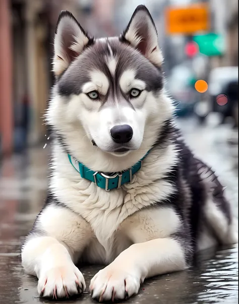 (close-up: 1.2) a silver-gray fat husky dog lying on the ground, (rain street in the background: 1.2), super detailed fur, (nigh...