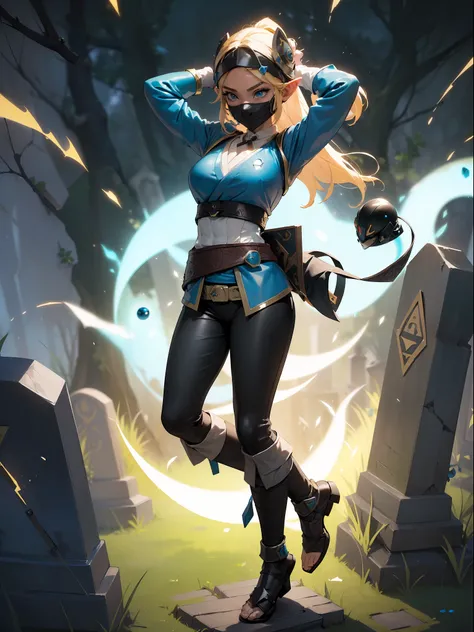 ((full body:2)) {zelda botw outfit}, only {zelda botw outfit} is this ((wearing Ninja attire, with round shiny jewel on chest, with a belt, helmet on head):2) ((extremely tight on the body, with a round jewel on her breastplate):1.5), only {zelda botw outf...