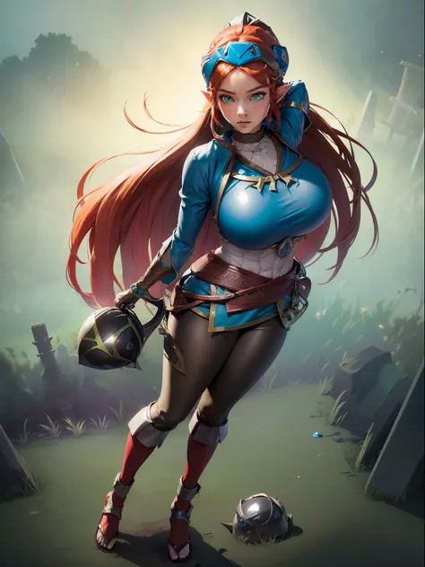 ((full body:2)) {zelda botw outfit}, only {zelda botw outfit} is this ((wearing Ninja attire, with round shiny jewel on chest, with a belt, helmet on head):2) ((extremely tight on the body, with a round jewel on her breastplate):1.5), only {zelda botw outf...