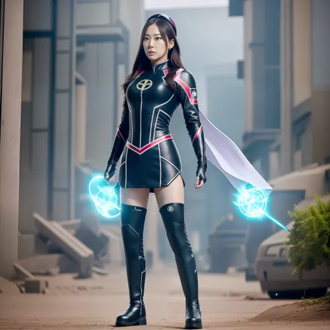 kim tae-yeon transforms into a female superhero nuclear girl，dressed in a nuclear symbol uniform+long boots full body