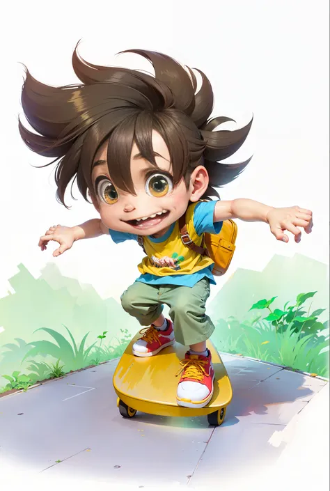 A cool skateboarding little boy with brown hair, smile, perfect limbs, correct anatomical deconstruction, perfect fingers, yellow t-shirt, green pants, red sneakers, back yellow daddy backpack, 8K, realism, background blur, soft light