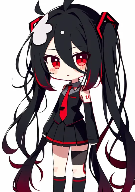 1girl, solo, zatsune miku, black hair, red eyes, twintails, very long hair, blood, detached sleeves, long sleeves, black sleeves...