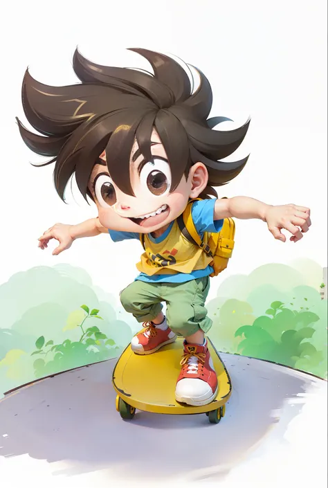 A cool skateboarding little boy with brown hair, smile, perfect limbs, correct anatomical deconstruction, perfect fingers, yellow vest, blue short sleeve t-shirt, green pants, red sneakers, back yellow daddy backpack, 8K, realism, background blur, soft lig...