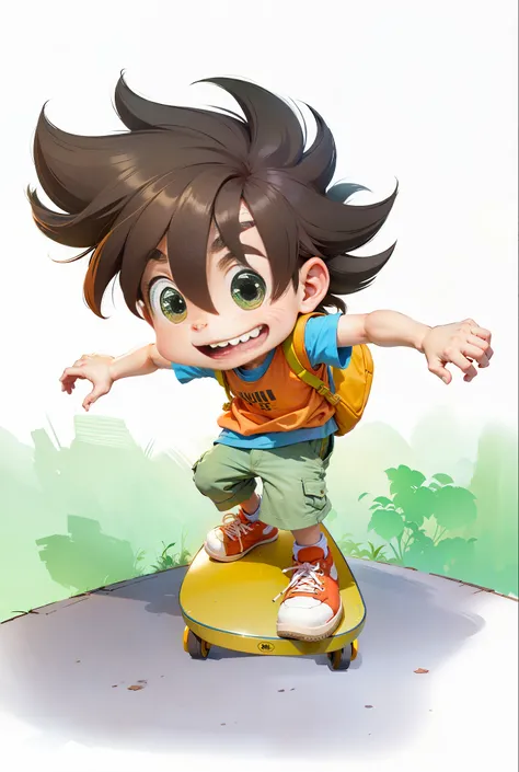A cool skateboarding little boy with brown hair, smile, perfect limbs, correct anatomical deconstruction, perfect fingers, orange vest, MUJI blue short sleeve t-shirt, green pants, red sneakers, back yellow daddy backpack, 8K, realism, background blur, sof...