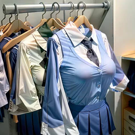 hanger school uniforms in closet raise their sleeves as if invisible girl wear it, school uniforms swells as if possessed by inv...