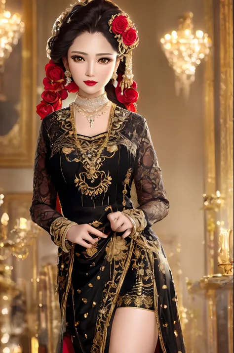 photorealistic,fullbody shot,cinematic shot, studio lighting, shot Phase One, ISO 100, natural lighting , sharpen , lightroom, fine art photography, hyperdetailed, highly detailed, 8 k, sharp details on face, photography, woman, java wedding woman in b...
