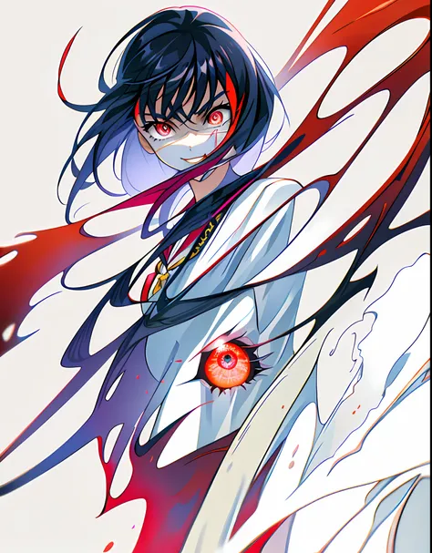 (((best quality))), (((masterpiece)))), Ryuko Matoi, 1girl, solo, solo focus, eye focus, (beautiful eyes, red eyes: 1.2), ((facial scar)), standing, portrait, smiling, small lips, cute, long hair, black hair, school uniform, hands behind back, digital art,...