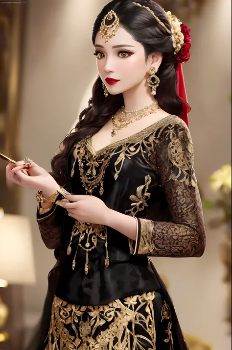 photorealistic,fullbody shot,cinematic shot, studio lighting, shot Phase One, ISO 100, natural lighting , sharpen , lightroom, fine art photography, hyperdetailed, highly detailed, 8 k, sharp details on face, photography, woman, java wedding woman in b...