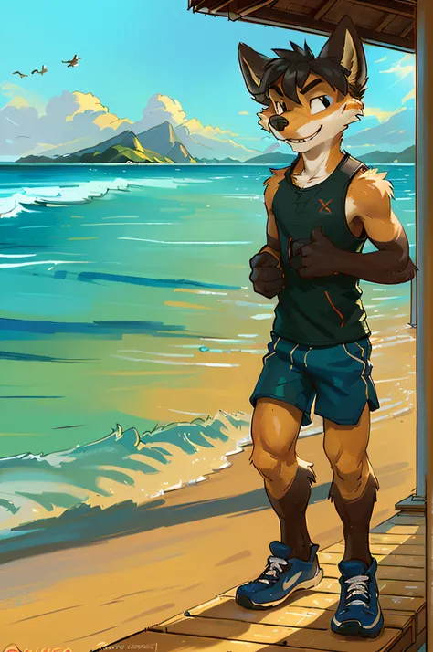 14-year-old male character, messy short black hair, skinny boy, red vest and blue shorts, white sneakers, day, fun, athletic, detailed, uploaded to e621, beautiful and detailed digital drawing ((((boy))) kenket, Ross Tran, ruan jia, uploaded to e621, zaush...