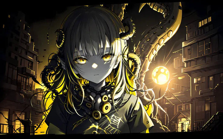 (best quality, masterpiece), (a woman horror creature with tentacles), (monochrome, less light, black yellow background, yellow ...