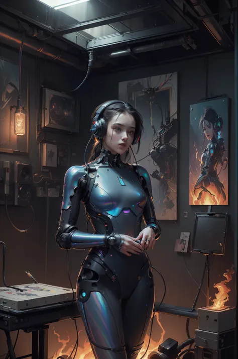 (masterpiece, best quality, highres, absurdres, detailed:1.2), humanoid, robot, wearing headphones, looking away, (cyberpunk, ar...