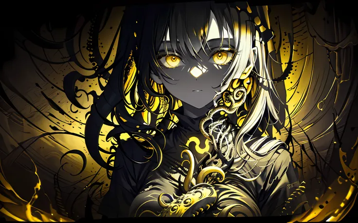 (best quality, masterpiece), (a woman horror creature with tentacles), (monochrome, less light, black yellow background, yellow ...