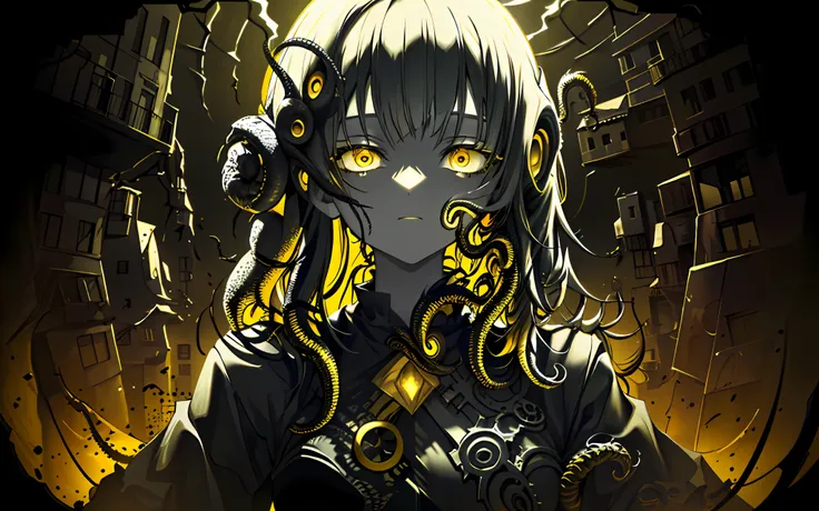 (best quality, masterpiece), (a woman horror creature with tentacles), (monochrome, less light, black yellow background, yellow ...