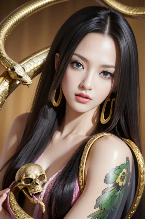 (((masterpiece+best quality+high resolution+ultra-detailed))), boa hancock, long silky black hair, high nose, sharp eyes, noble and inviolable temperament, (([female]: 1.2 + [beauty]: 1.2 + black long hair: 1.2)), snake_skull background, bright eyes, dynam...