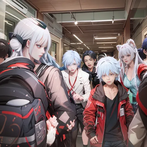 an anime boy with white hair pushes several anime people out of the classroom