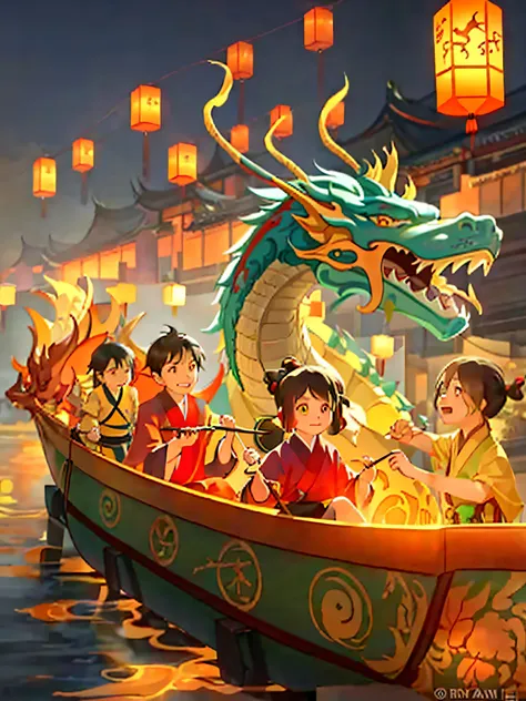 dragon boat festival, a chinese festival, a lot of super happy cute ancient chinese little boys and girls sitting on a dragon bo...