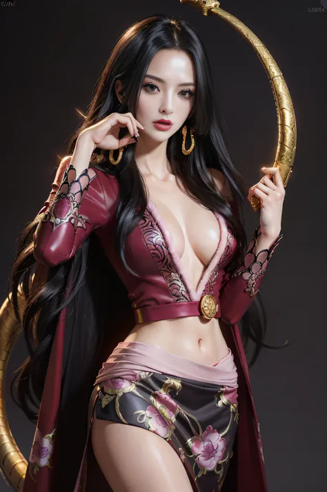 (((masterpiece+best quality+high resolution+ultra-detailed))), boa hancock, skull_snake, long silky black hair, high nose, sharp eyes, noble and inviolable temperament, (([female]: 1.2 + [beauty]: 1.2 + black long hair: 1.2)), skull_snake background, brigh...