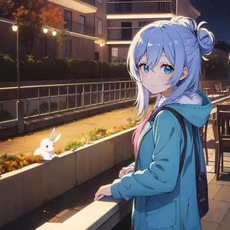 (masterpiece), (best quality), (highly detailed), 1girl, solo, cyan eyes, holding a bunny, looking at viewer, balcony, night, stars, holding a bunny, long sleeves, bangs, standing in balcony, closed mouth, evening time, long hair, hair between eyes, ribbon...
