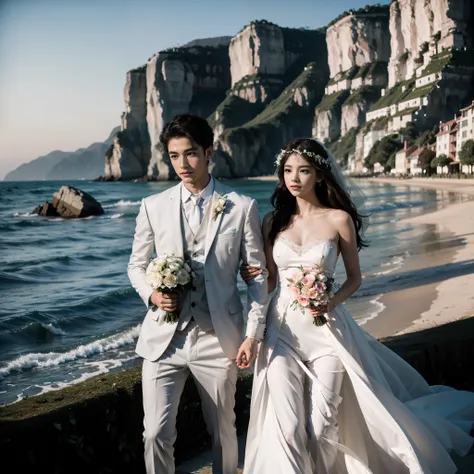 (Beautiful, romantic), fresh and beautiful wonderland, in the sea breeze (1boy+1girl) dressed in a gorgeous wedding dress, wreaths intertwined, a pair of young men and women, one wearing a suit, the other wearing a wedding dress, perfect to show love and r...