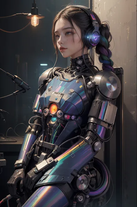 (masterpiece, best quality, high resolution, absurd, detailed: 1.2), humanoid, robot, wearing headphones, looking away, (cyberpu...