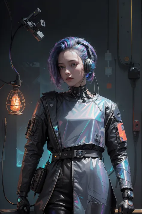 (masterpiece, best quality, high resolution, absurd, detail: 1.2), humanoid, robot, wearing headphones, looking away, (cyberpunk...