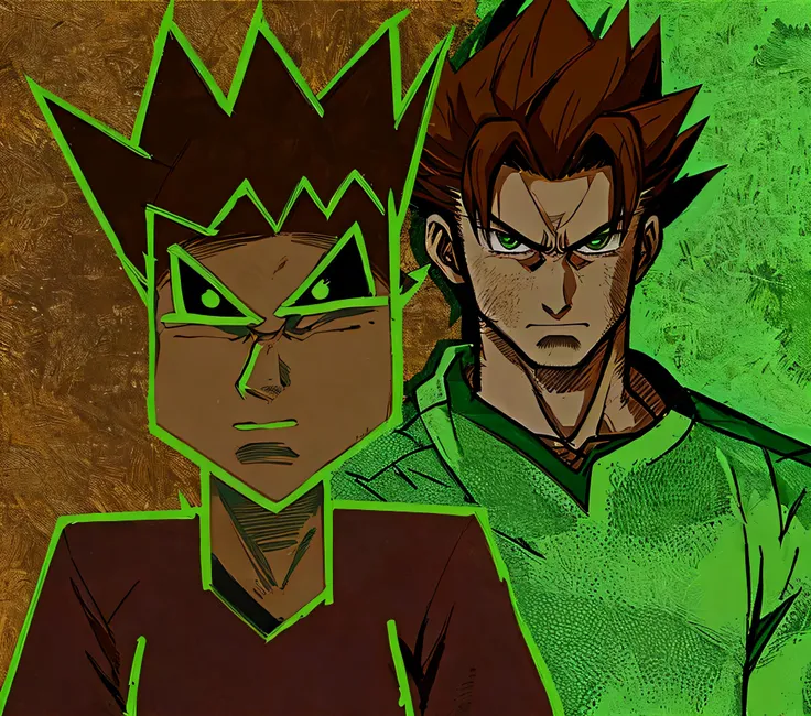 cartoon of a man with a green shirt and brown hair, drawn in Microsoft ink, wearing spiky varguyart style, inspired by Unichi Hiratsuka, drawn with photoshop, spiky, cel - shaded art style, inspired by Steve Argyle, brightness, cartoonish and simplistic, a...